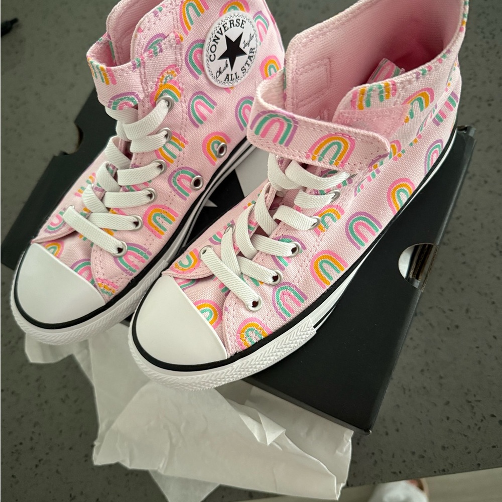 Converse Pink High-Top Sneakers with Rainbow Accents